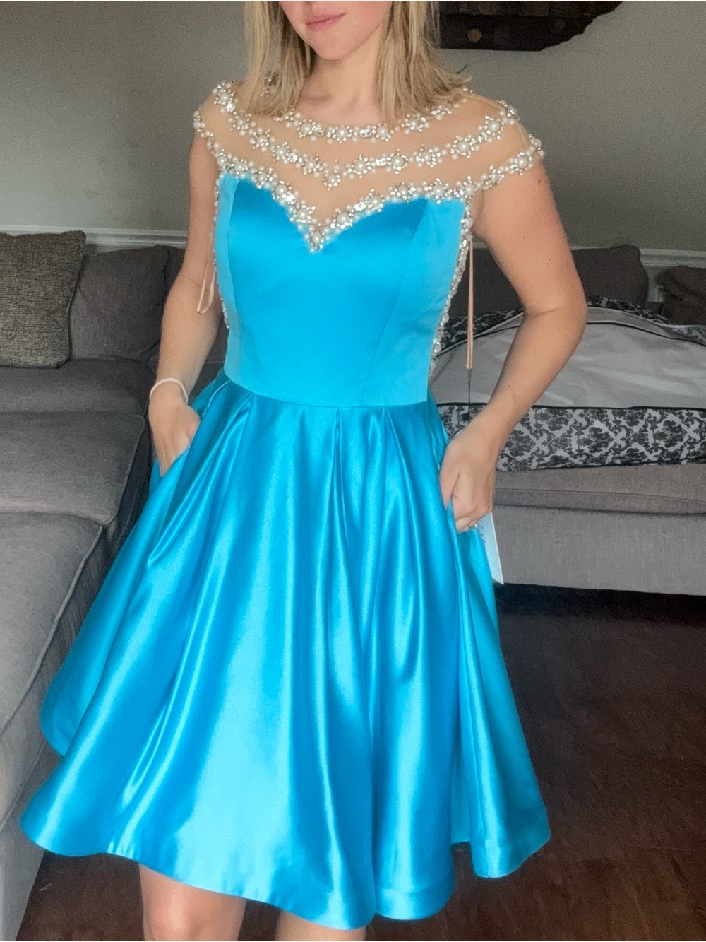 Pearl-Trimmed Aqua Prom Fit & Flare Dress